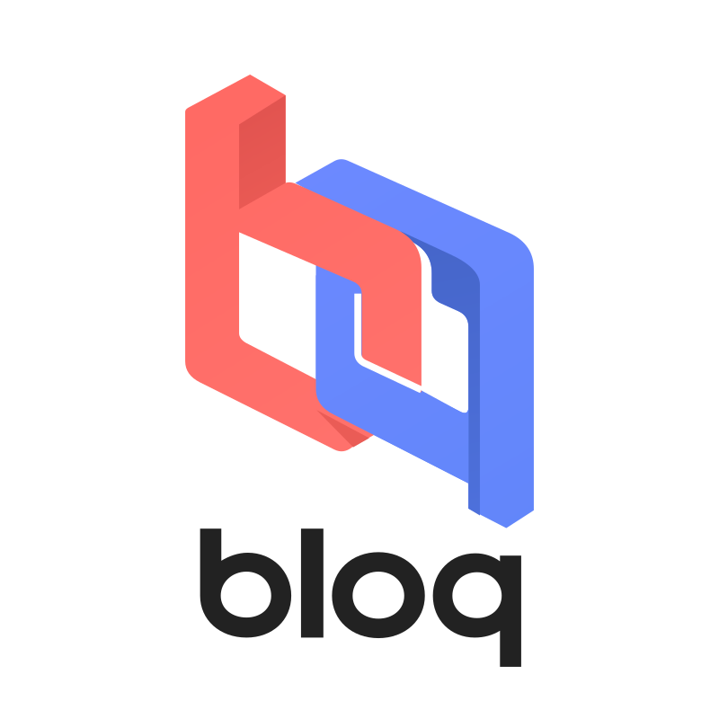 Bloq logo: interlocking coral b and blue q above the Bloq wordmark